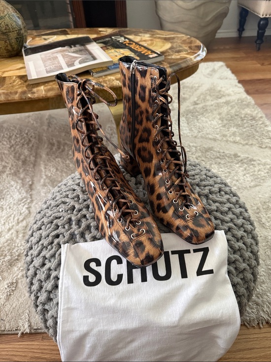 SCHUTZ Shoes - SCHUTZ Leopard-Print Lace-Up Ankle Boots in Brown. Sz 9B